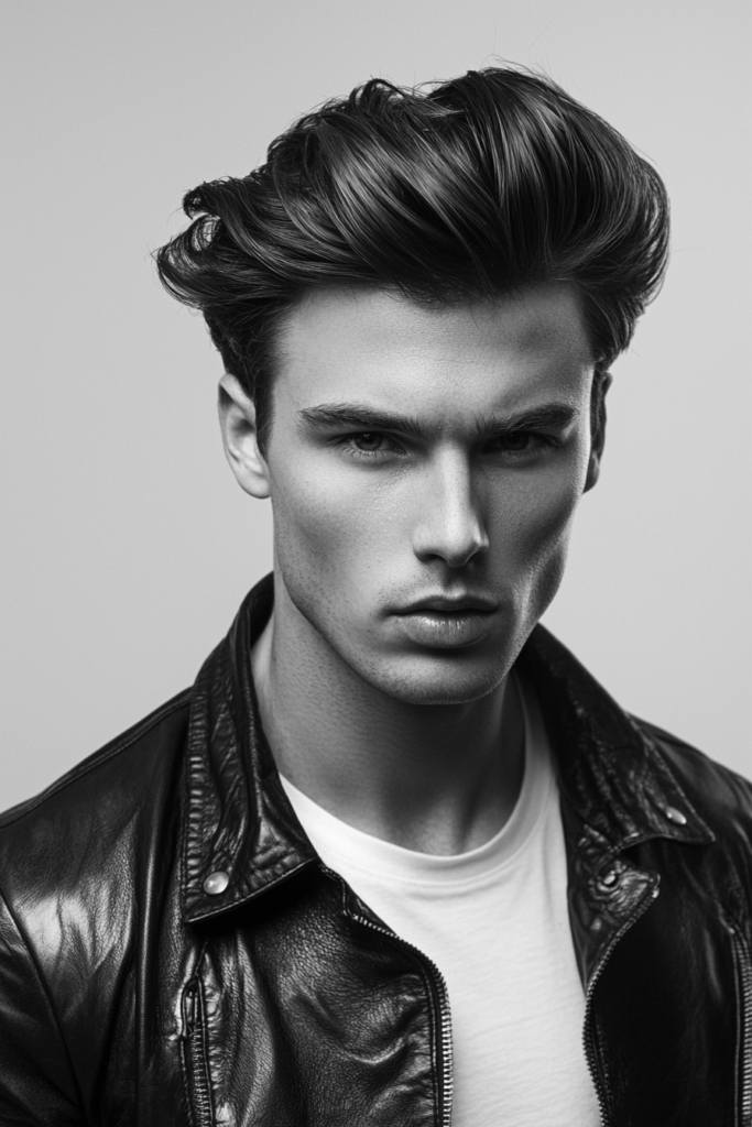 Modern Pompadour hairstyle with short sides and voluminous top