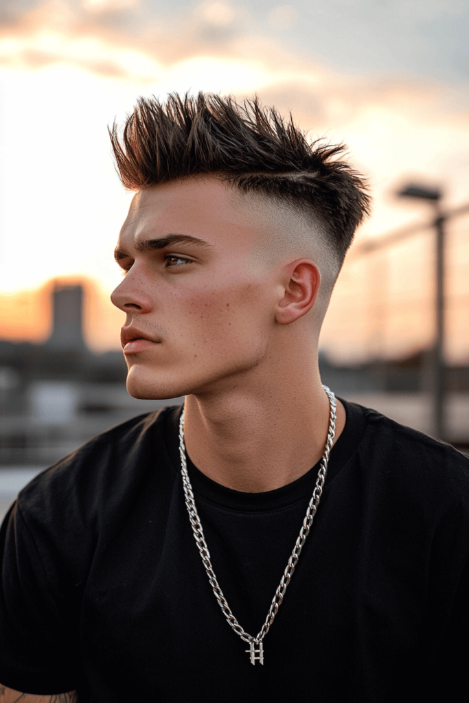 skin taper fade with spiked hair on top for men