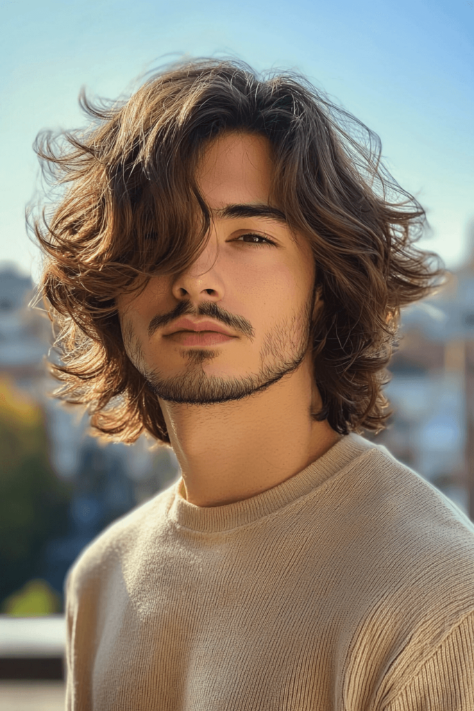 Wavy curtain bangs with a medium-length top