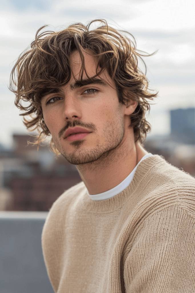 Wavy curtain bangs with a medium-length top