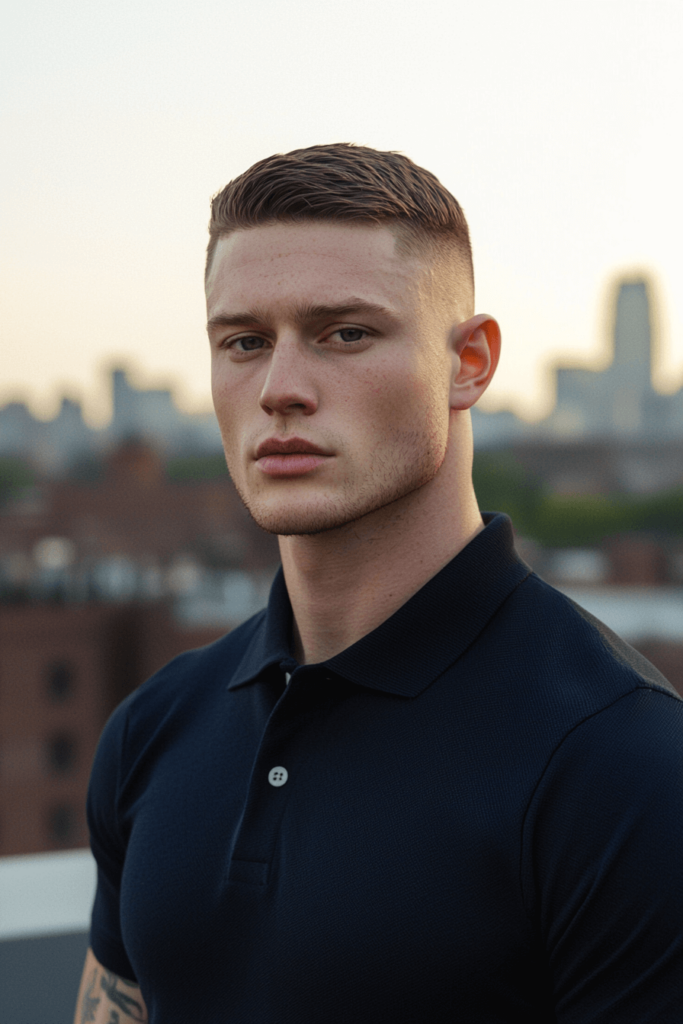 classic crew cut with short, even hair