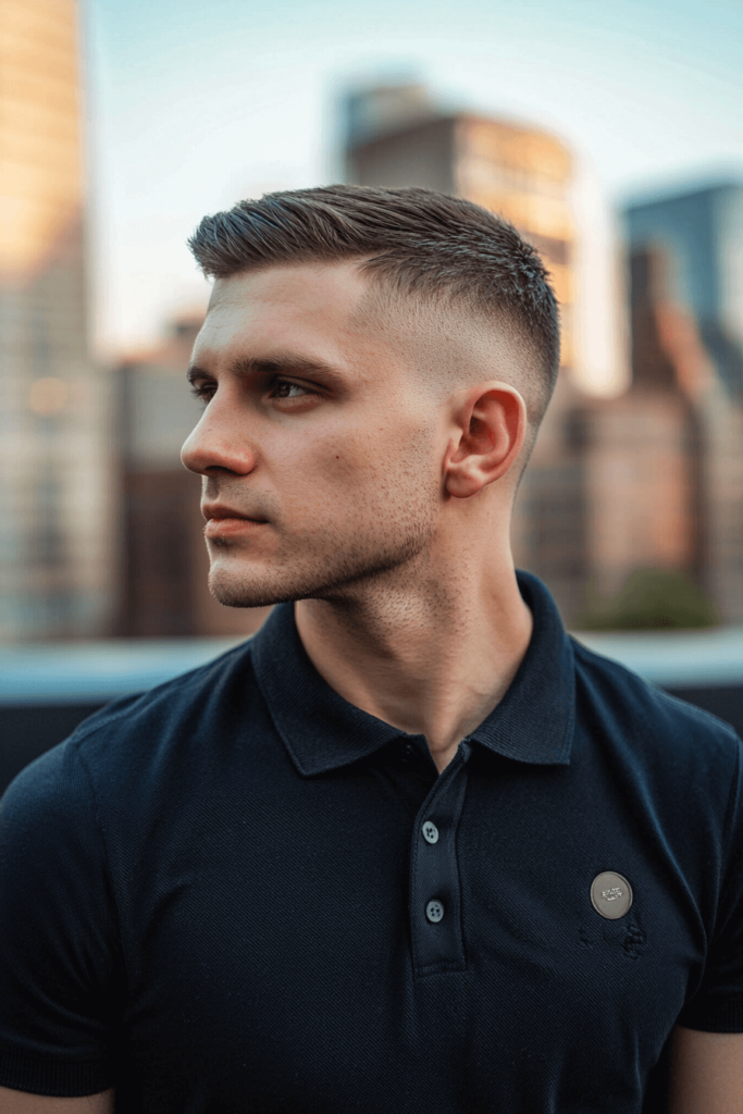 classic crew cut with short, even hair