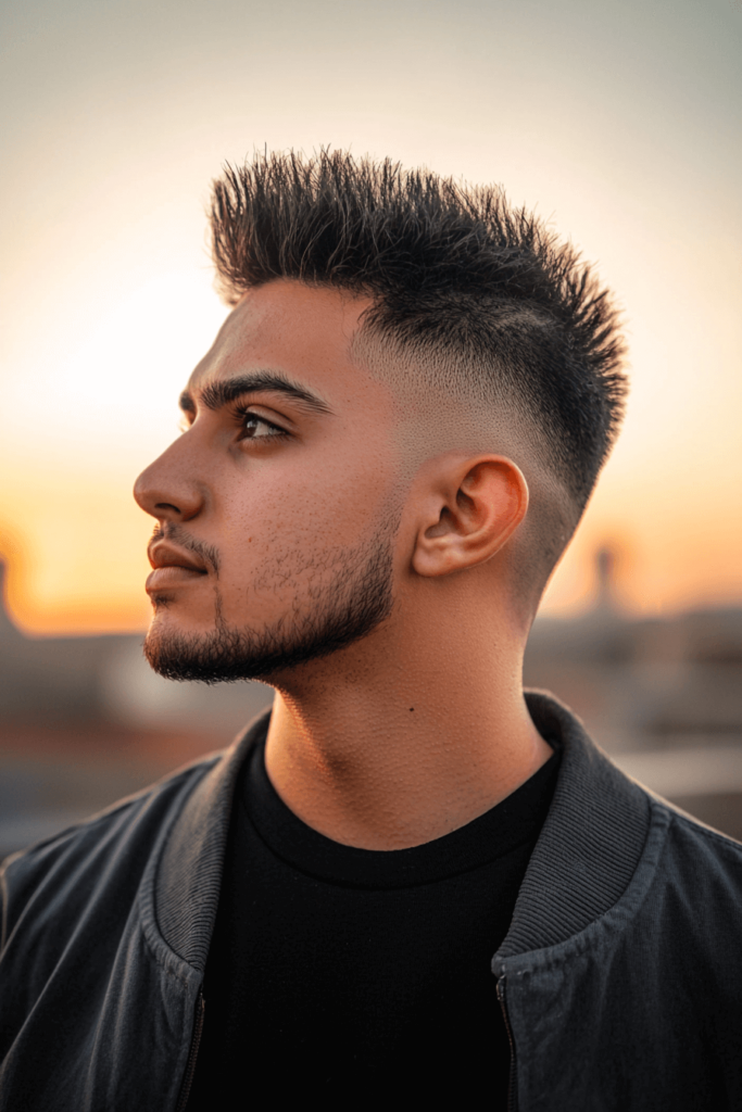 Spiky Top with Fade, bold haircut with high fade and spiky top