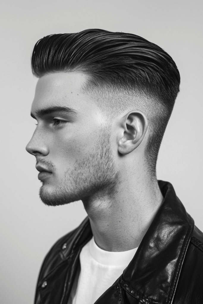 Skin Fade with Slick Back, sharp haircut with close fade and slicked back top