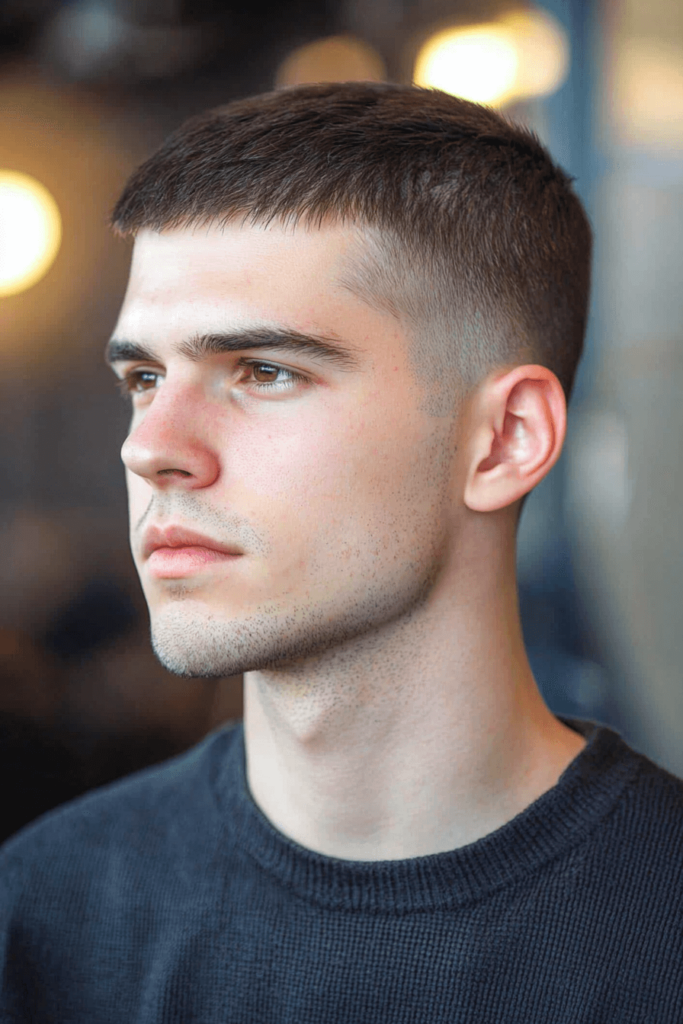 Caesar Cut, short haircut with a straight fringe