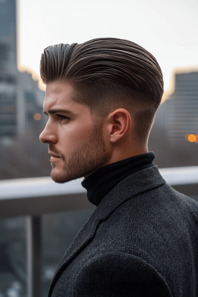 mid taper fade with slicked-back haircut for men