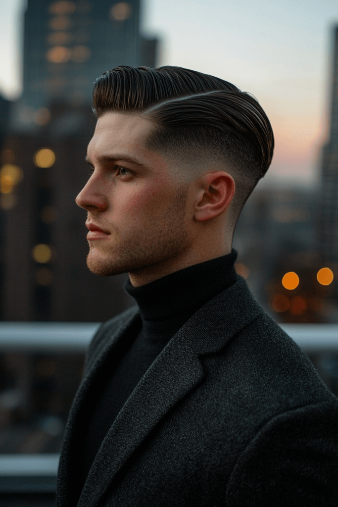 mid taper fade with slicked-back hair