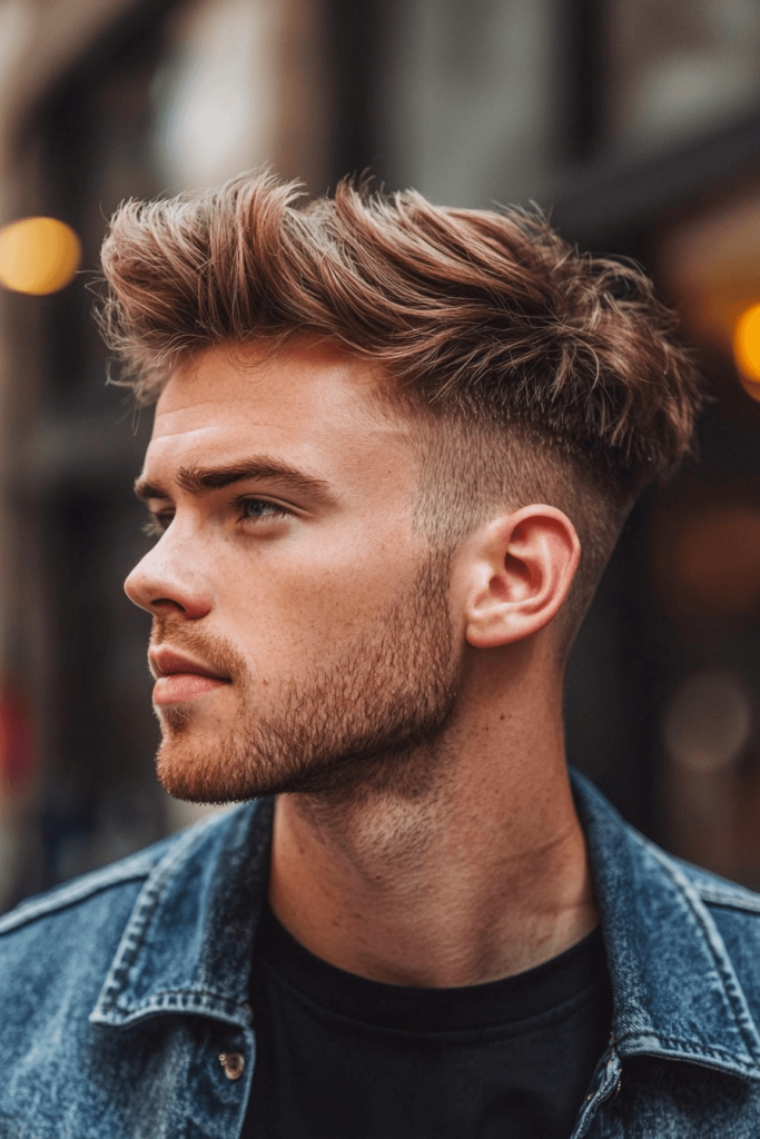 Messy Quiff haircut, voluminous style with a casual, tousled look