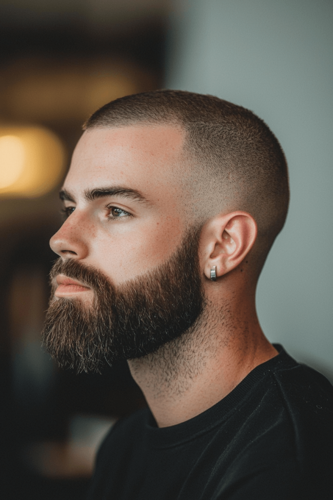 Bald Fade with Beard, sharp haircut with a bald fade and groomed beard