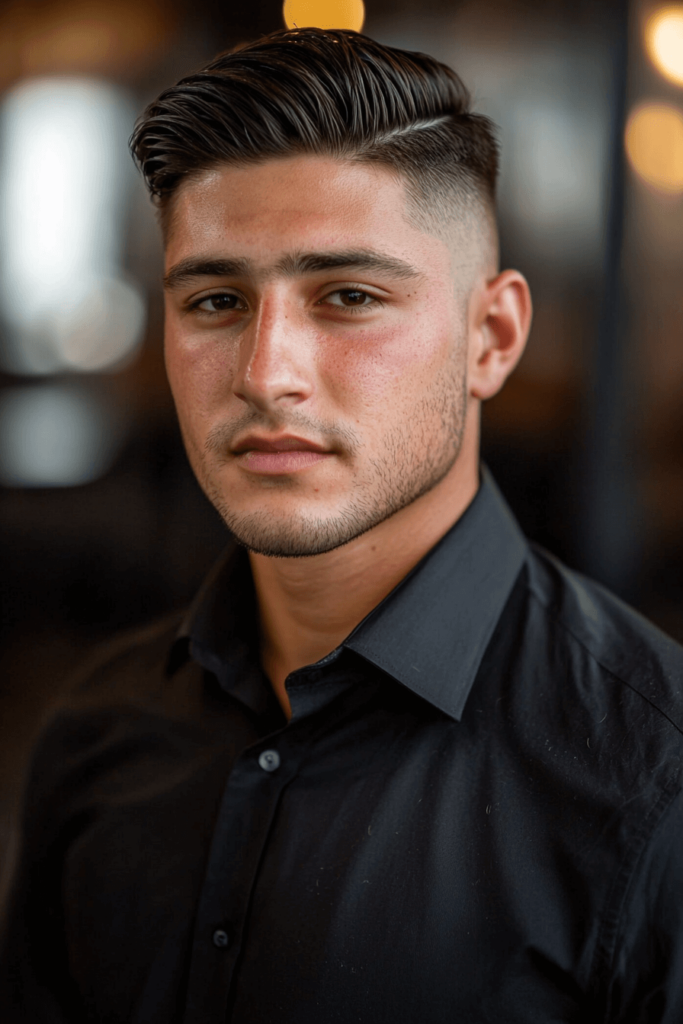 Hard Part with Fade, defined haircut with shaved part and faded sides