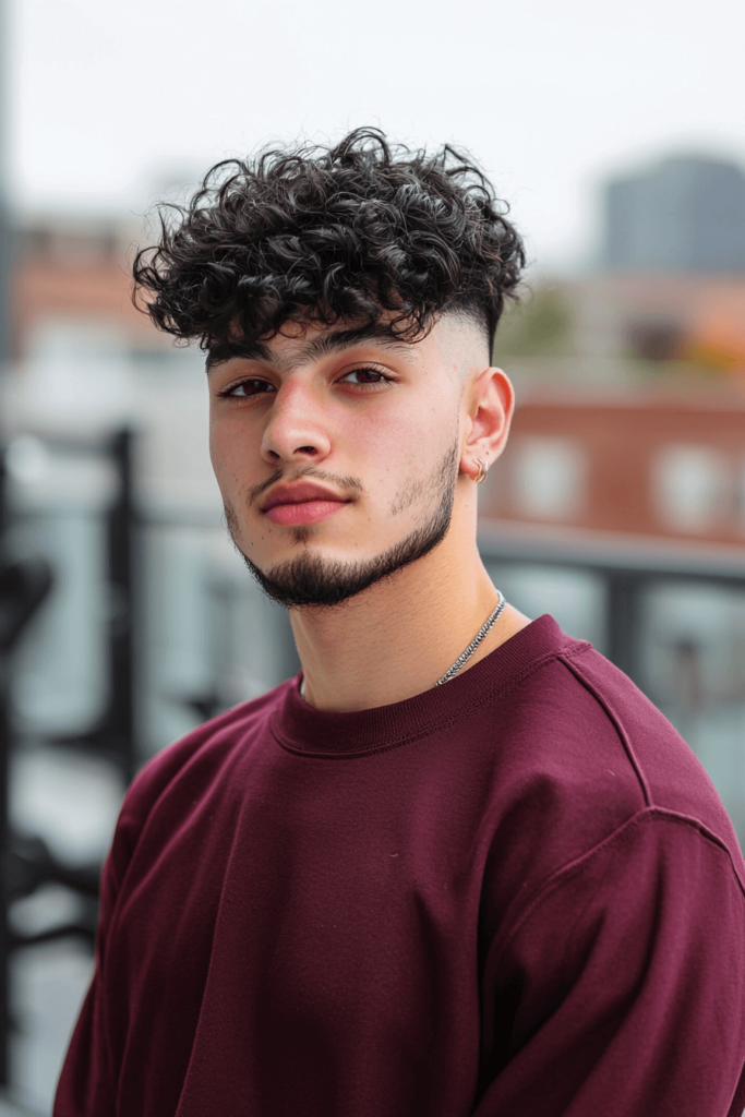 high taper fade with a curly top for men