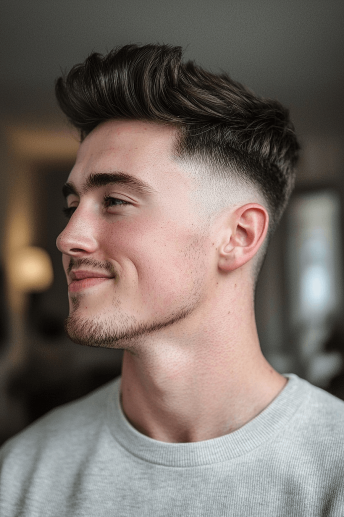 Low Fade with Quiff hairstyle featuring short faded sides and a styled quiff, modern mens haircut.