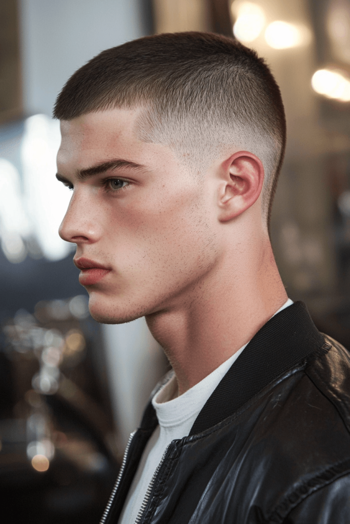 sharp skin taper fade paired with a buzz cut for men
