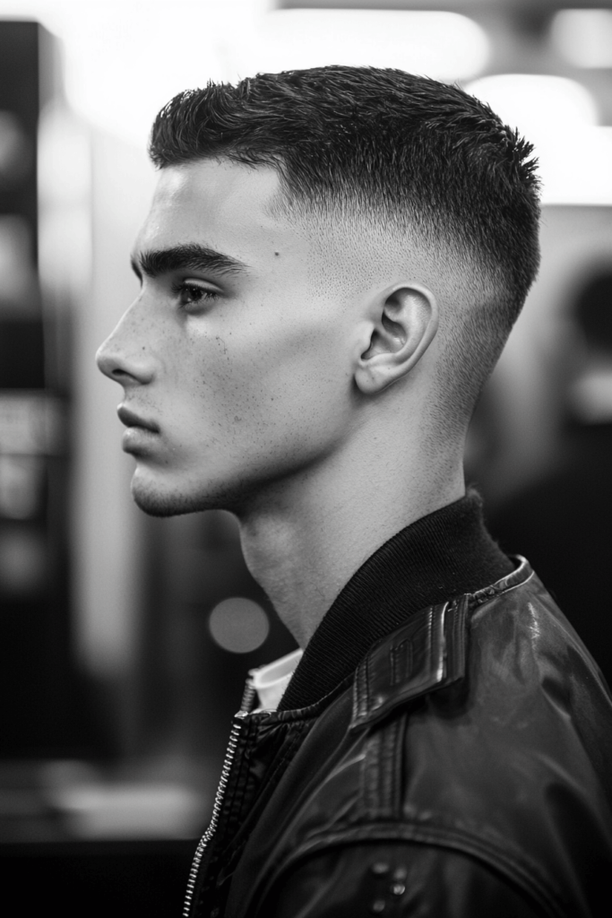 sharp skin taper fade paired with a buzz cut for men