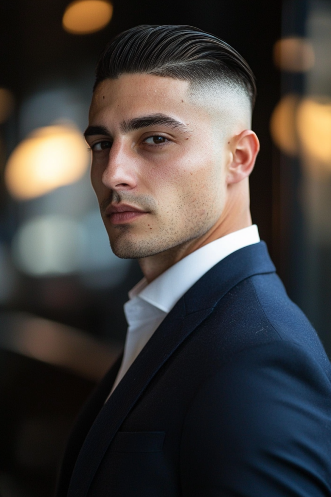 Skin Fade with Slick Back haircut, sharp sides with slicked-back top