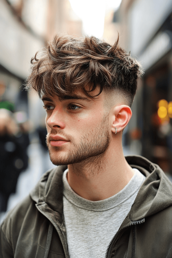taper fade with a messy fringe for men