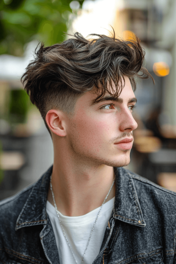 taper fade with a messy fringe for men
