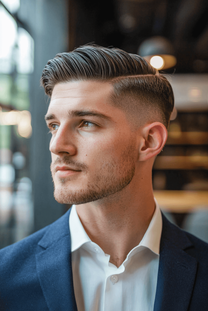 taper fade with a side part hairstyle for men