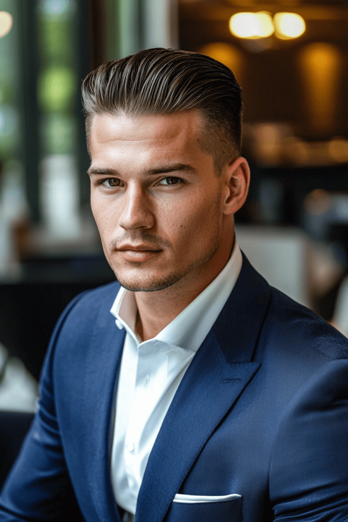 Slicked-Back Undercut with short faded sides and slicked back top