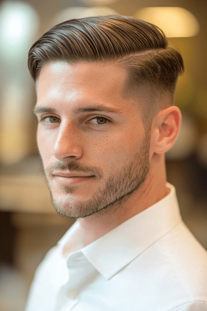 Side Part with Fade, classic men's haircut with a defined side part and faded sides