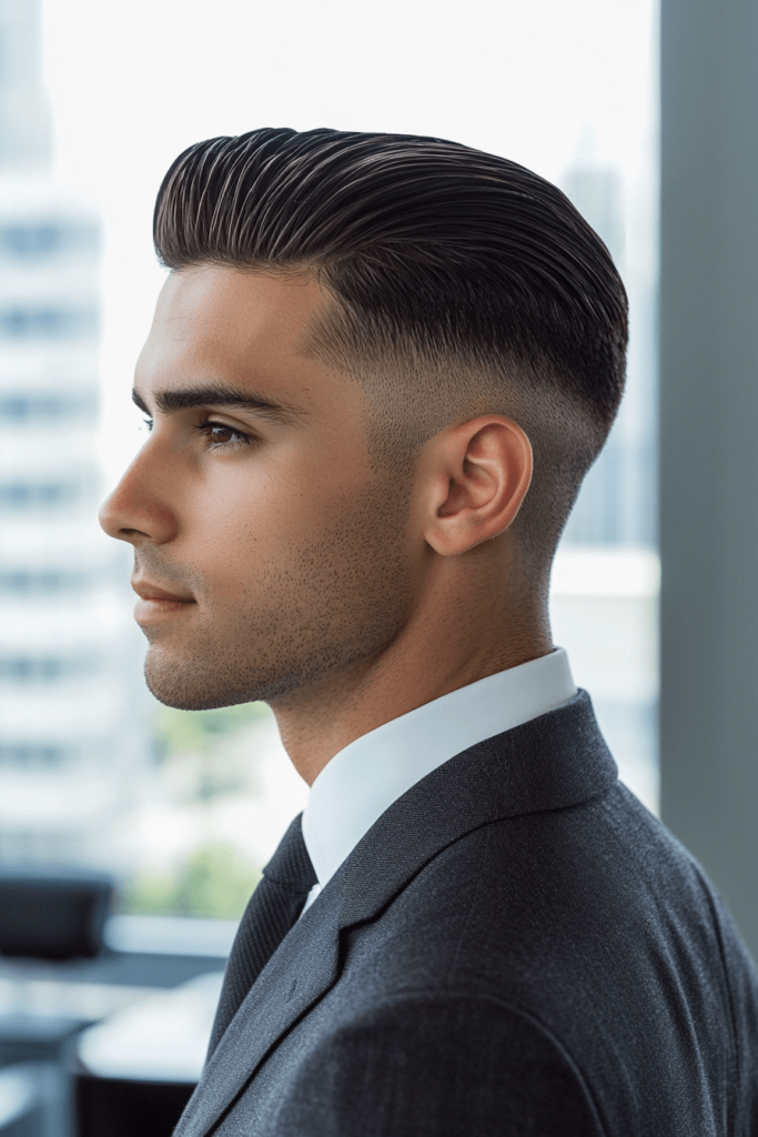 Mid Taper Fade with Slicked-Back Hair